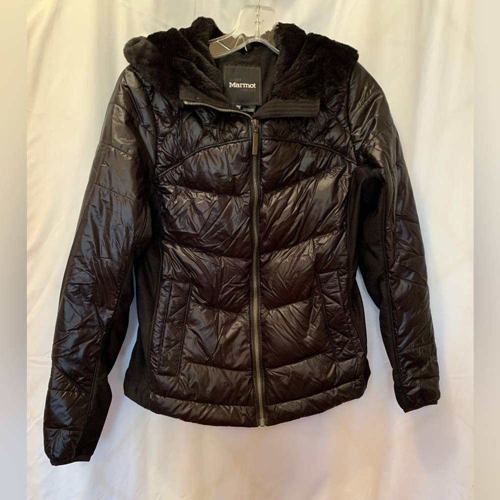 NWT Marmot Black Puffer Jacket with Faux Fur Hood & Zippered Pockets - Sz Small